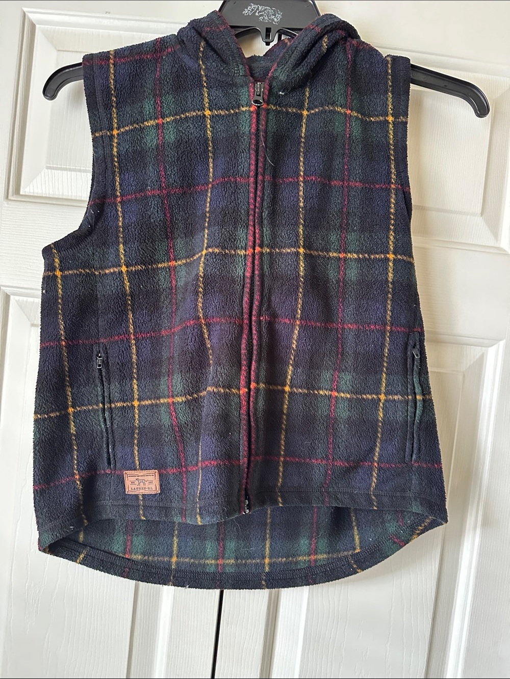 Lauren Ralph Lauren Navy Multi Hooded Plaid Fleece Vest